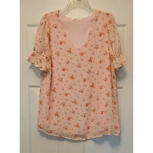 Reborn J Women's Shirt Size Large Pink Floral, Ruffle Short Sleeve Sheer Lined